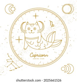 Modern magic witchcraft card with astrology Capricorn zodiac sign. Cartoon zodiac sign. Funny cat