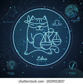 Modern magic witchcraft card with astrology neon Libra zodiac sign. Cartoon zodiac sign. Funny cat