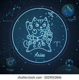 Modern magic witchcraft card with astrology neon Aries zodiac sign. Cartoon zodiac sign. Funny cat