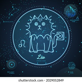Modern magic witchcraft card with astrology Leo zodiac sign. Cartoon zodiac sign. Funny cat