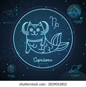 Modern magic witchcraft card with astrology neon Capricorn zodiac sign. Cartoon zodiac sign. Funny cat