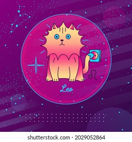 Modern magic witchcraft card with astrology Leo zodiac sign. Cartoon zodiac sign. Funny cat