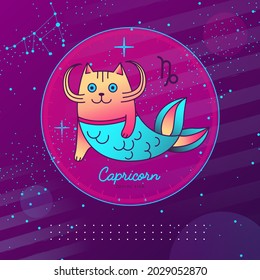 Modern magic witchcraft card with astrology Capricorn zodiac sign. Cartoon zodiac sign. Funny cat