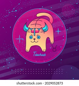 Modern magic witchcraft card with astrology Taurus zodiac sign. Cartoon zodiac sign. Funny cat