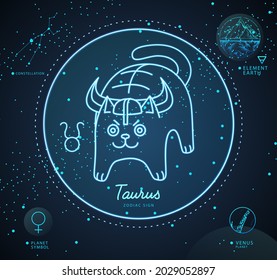 Modern magic witchcraft card with astrology neon Taurus zodiac sign. Cartoon zodiac sign. Funny cat