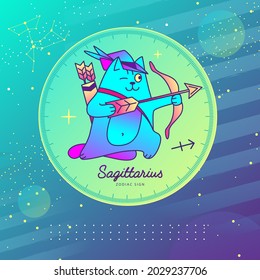 Modern magic witchcraft card with astrology Sagittarius zodiac sign. Cartoon zodiac sign. Funny cat