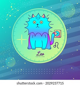 Modern magic witchcraft card with astrology Leo zodiac sign. Cartoon zodiac sign. Funny cat