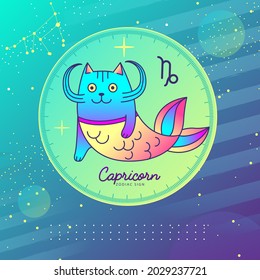 Modern magic witchcraft card with astrology Capricorn zodiac sign. Cartoon zodiac sign. Funny cat