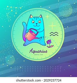 Moderne Hexenkarte mit Astrologie Aquarius zodiac Schild. Tierkreiszeichen. Funny Cat