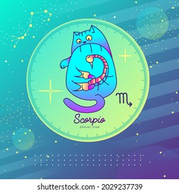 Modern magische Hexenkarte mit Astrologie Scorpio zodiac Schild. Tierkreiszeichen. Funny Cat