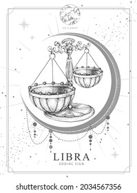 Modern magic witchcraft card with astrology Libra zodiac sign. Realistic hand drawing scales illustration