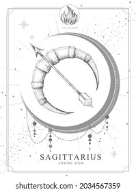 Modern magic witchcraft card with astrology Sagittarius zodiac sign. Realistic hand drawing Bow and arrow illustration