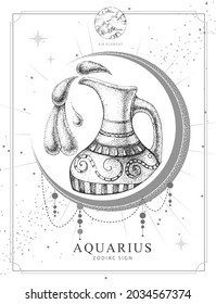 Modern magic witchcraft card with astrology Aquarius zodiac sign. Realistic hand drawing water jug illustration