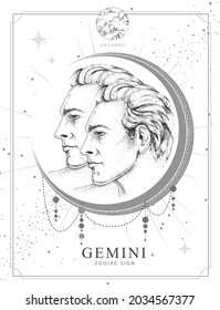 Modern magic witchcraft card with astrology Gemini zodiac sign. Realistic hand drawing men portraits illustration. Zodiac characteristic