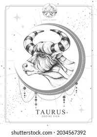 Modern Magic Witchcraft Card With Astrology Taurus Zodiac Sign. Realistic Hand Drawing Bull Head