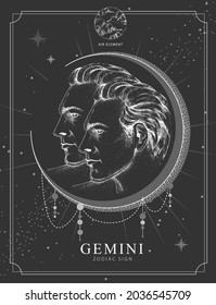 Modern magic witchcraft card with astrology Gemini zodiac sign. Realistic hand drawing men portraits illustration. Zodiac characteristic