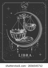 Modern magic witchcraft card with astrology Libra zodiac sign. Realistic hand drawing scales illustration