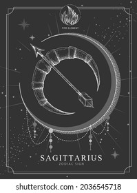 Modern magic witchcraft card with astrology Sagittarius zodiac sign. Realistic hand drawing Bow and arrow illustration