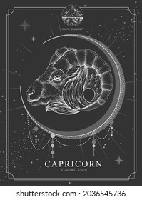 Modern magic witchcraft card with astrology Capricorn zodiac sign. Realistic hand drawing ram or mouflon head