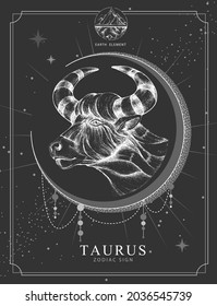 Modern magic witchcraft card with astrology Taurus zodiac sign. Realistic hand drawing bull head