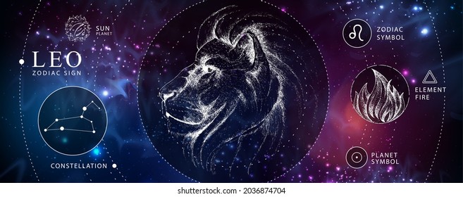 Modern magic witchcraft card with astrology Leo zodiac sign. Realistic hand drawing lion head. Zodiac characteristic