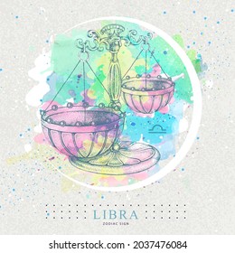 Modern magic witchcraft card with astrology Libra zodiac sign. Hand drawing Scales illustration