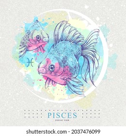 Moderne Zauberkunstkarte mit Astrologie Pisces zodiac Schild. Koi-Fischgrafik mit gesunder Hand