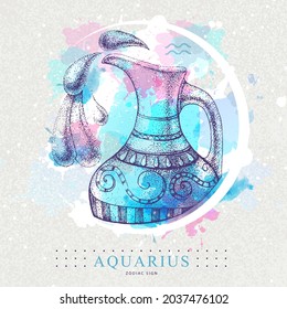 Modern magic witchcraft card with astrology Aquarius zodiac sign. Realistic hand drawing Water jug illustration