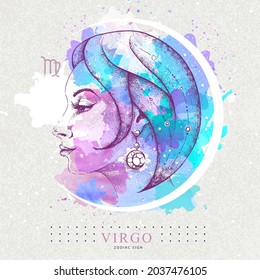 Moderne Hexenkarte mit Astrologie Virgo Zodiac Schild. Handzeichnung Frauenkopfgrafik