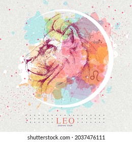 Modern magic witchcraft card with astrology Leo zodiac sign. Hand drawing Lion head illustration