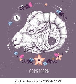 Modern magic witchcraft card with astrology Capricorn zodiac sign. Realistic hand drawing ram or mouflon head