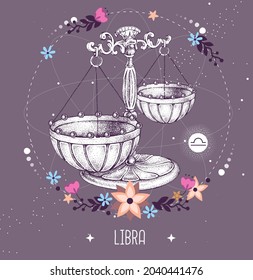 Moderne Hexenkarte mit Astrologie Libra zodiac Schild. Realistische Skizzengrafik von Hand