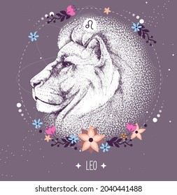 Modern magic witchcraft card with astrology Leo zodiac sign. Realistic hand drawing lion head