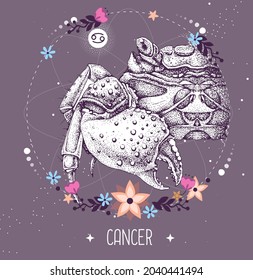 Tarjeta de brujería mágica moderna con signo de astrología Cáncer de zodiaco. Ilustración de cangrejo con mano real