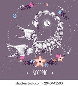 Tarjeta de brujería mágica moderna con signo de astrología Scorpio zodiac. Ilustración del escorpión con mano realista