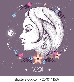 Modern magic witchcraft card with astrology Virgo zodiac sign. Realistic hand drawing woman head