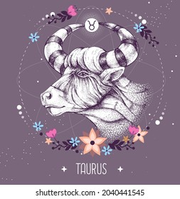 Moderne Hexenkarte mit Astrologie Taurus zodiac Zeichen. Realistischer handgezeichneter Bullkopf