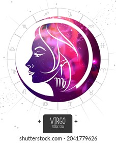 Modern magic witchcraft card with astrology Virgo zodiac sign. Woman face silhouette with outer space inside