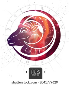 Modern magic witchcraft card with astrology Aries zodiac sign. Aries silhouette with outer space inside