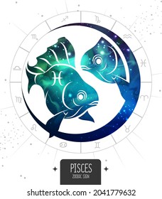 Modern magic witchcraft card with astrology Pisces zodiac sign. Fish silhouette with outer space inside