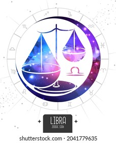 Moderne Hexenkarte mit Astrologie Libra zodiac Schild. Silhouette mit Außenraum im Inneren