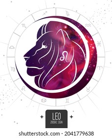 Tarjeta de brujería mágica moderna con signo de astrología Leo zodiac. Silueta de cabeza de león con espacio exterior dentro