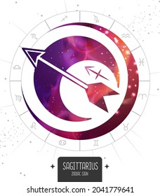 Modern magic witchcraft card with astrology Sagittarius zodiac sign. Sagittarius silhouette with outer space inside