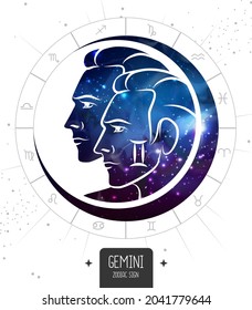 Modern magic witchcraft card with astrology Gemini zodiac sign. Men portraits with outer space inside