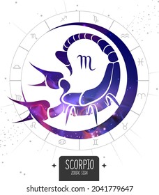 Modern magic witchcraft card with astrology Scorpio zodiac sign. Scorpio silhouette with outer space inside