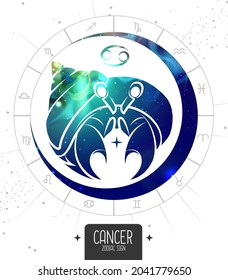 Tarjeta de brujería mágica moderna con signo de astrología Cáncer de zodiaco. Silueta de cangrejo con espacio exterior dentro