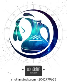 Modern Magic Witchcraft Card With Astrology Aquarius Zodiac Sign. Water Jug Silhouette With Outer Space Inside