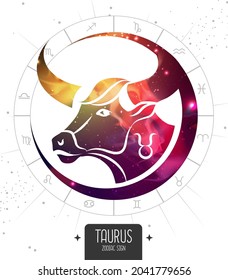 Tarjeta de brujería mágica moderna con signo de astrología Taurus zodiac. Silueta de cabeza de toro con espacio exterior dentro