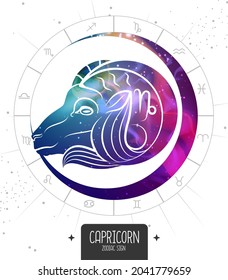 Modern magic witchcraft card with astrology Capricorn zodiac sign. Capricorn silhouette with outer space inside