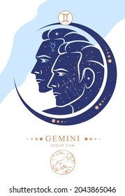 Modern magic witchcraft card with astrology Gemini zodiac sign. Zodiac characteristic